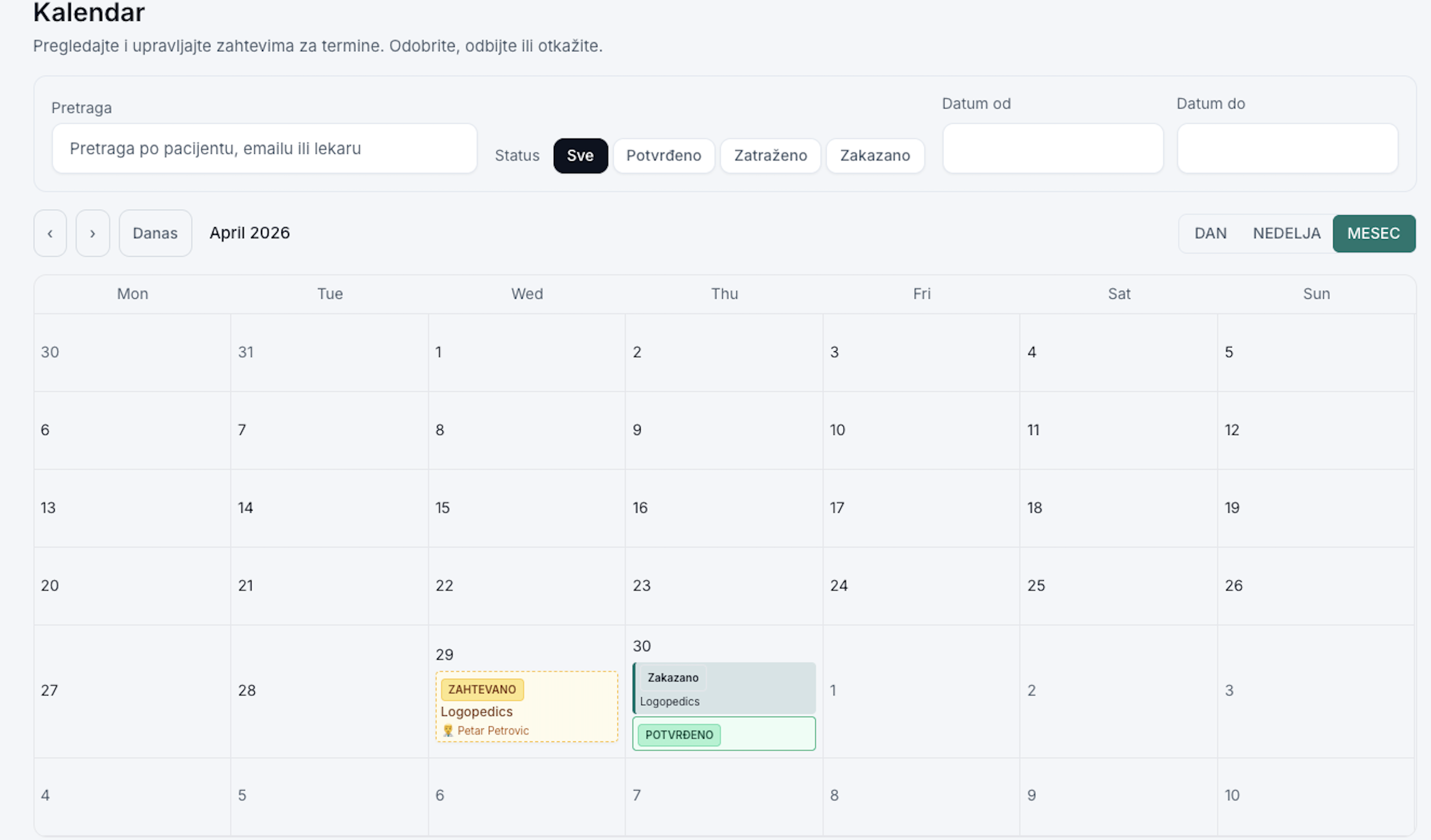 MedFlow kalendar — pregled termina po danu, nedelji i mesecu